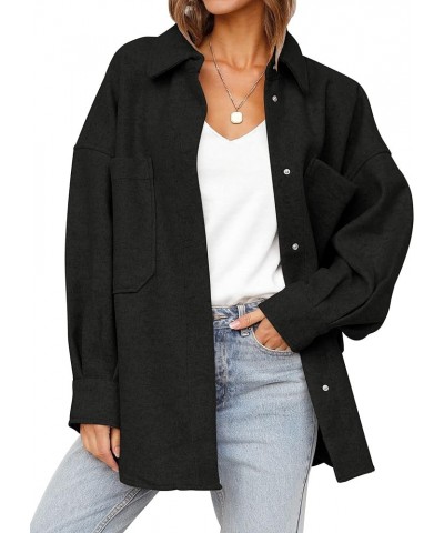 Women's 2024 Fall Oversized Long Sleeve Shacket Jacket Button Down Wool Blend Coats with Pockets Black $20.50 Coats