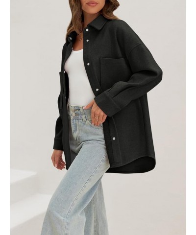 Women's 2024 Fall Oversized Long Sleeve Shacket Jacket Button Down Wool Blend Coats with Pockets Black $20.50 Coats