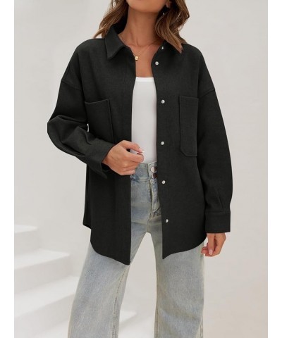 Women's 2024 Fall Oversized Long Sleeve Shacket Jacket Button Down Wool Blend Coats with Pockets Black $20.50 Coats