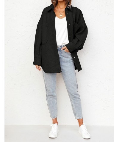 Women's 2024 Fall Oversized Long Sleeve Shacket Jacket Button Down Wool Blend Coats with Pockets Black $20.50 Coats