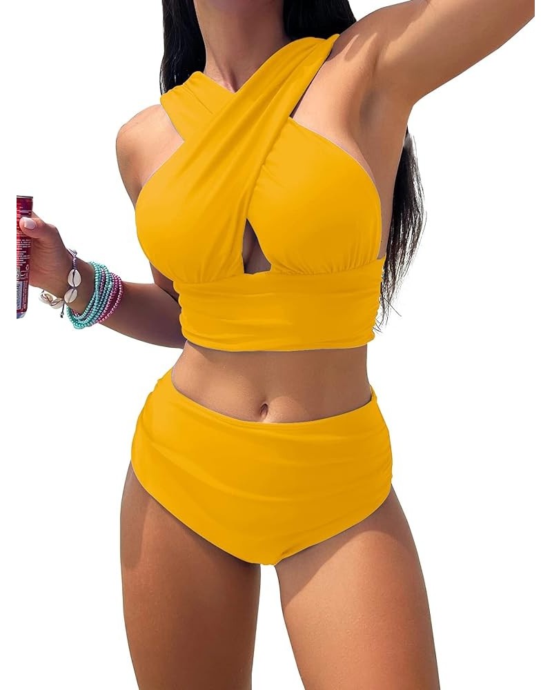 Criss Cross Cutout Bikini Ruched High Waisted Tummy Control Swimsuit Set 2 Piece Mustard Yellow $18.92 Swimsuits