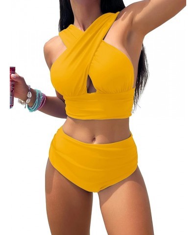 Criss Cross Cutout Bikini Ruched High Waisted Tummy Control Swimsuit Set 2 Piece Mustard Yellow $18.92 Swimsuits