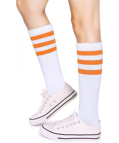 Over the Calf Tube Socks Classic Triple Stripes Cotton Retro Athletic Socks for Men and Women A08-orange/White $8.99 Activewear