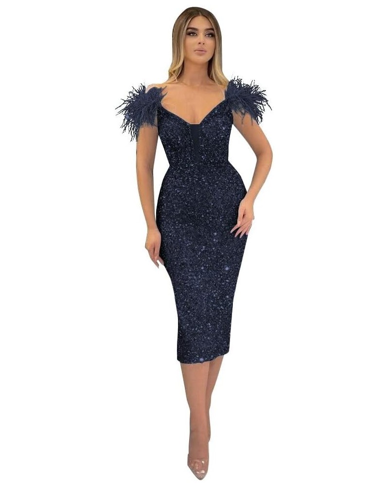 Women's Feather Sequin Prom Dresses Off Shoulder Tea Length Mermaid Cocktail Party Dress PE153 Navy Blue $26.88 Dresses