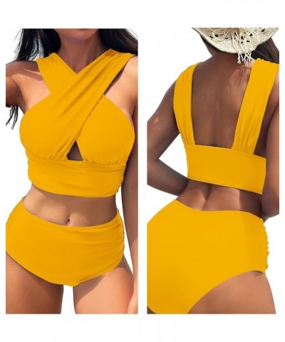 Criss Cross Cutout Bikini Ruched High Waisted Tummy Control Swimsuit Set 2 Piece Mustard Yellow $18.92 Swimsuits