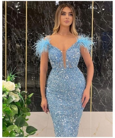 Women's Feather Sequin Prom Dresses Off Shoulder Tea Length Mermaid Cocktail Party Dress PE153 Navy Blue $26.88 Dresses