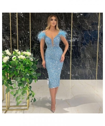 Women's Feather Sequin Prom Dresses Off Shoulder Tea Length Mermaid Cocktail Party Dress PE153 Navy Blue $26.88 Dresses