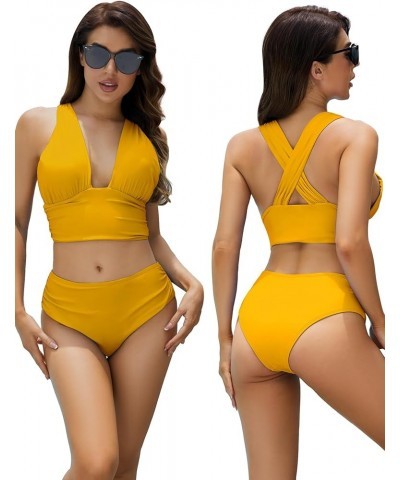 Criss Cross Cutout Bikini Ruched High Waisted Tummy Control Swimsuit Set 2 Piece Mustard Yellow $18.92 Swimsuits