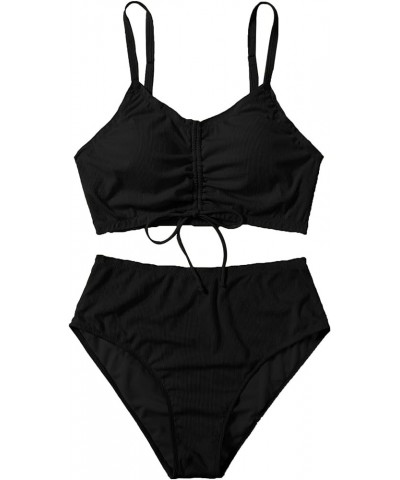 Women's Plus Size Tie Dye Rib Knit Ruched Drawstring Bikini Swimsuit Black $20.87 Swimsuits