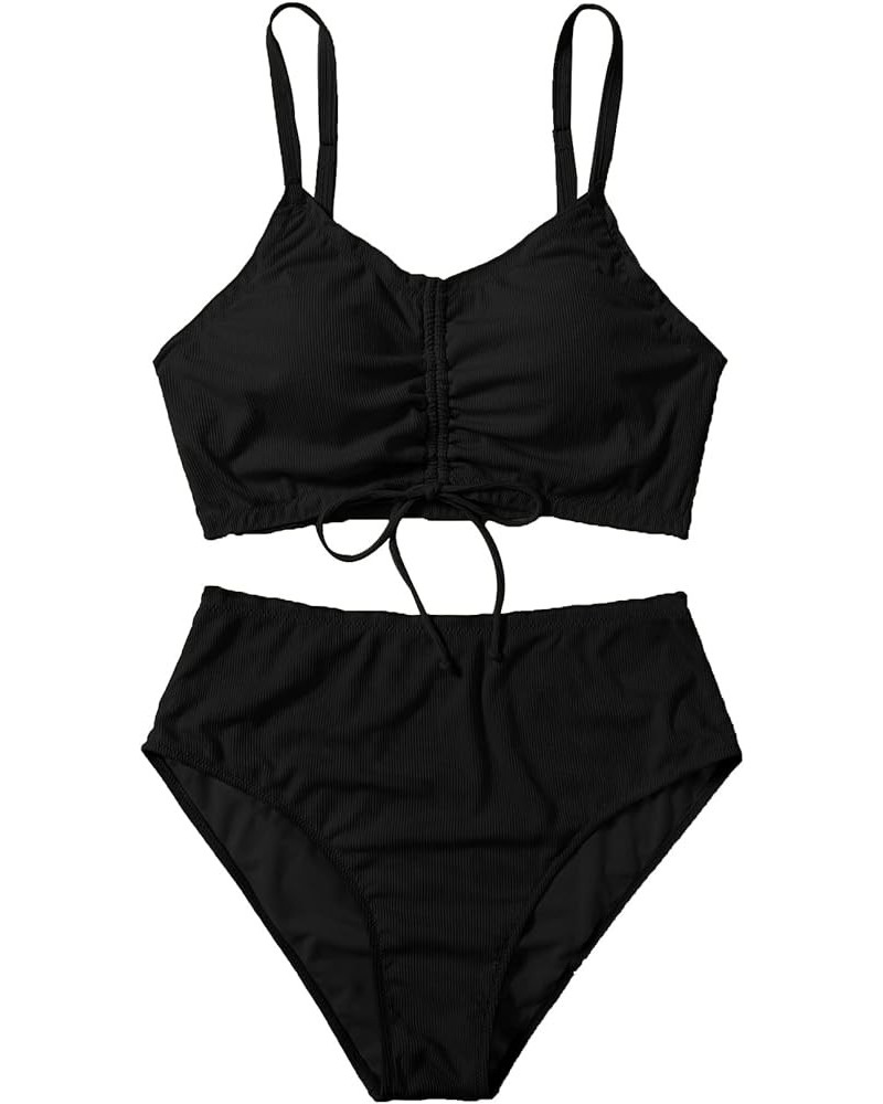 Women's Plus Size Tie Dye Rib Knit Ruched Drawstring Bikini Swimsuit Black $20.87 Swimsuits