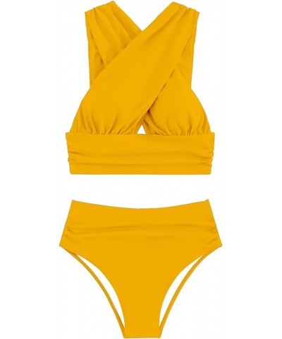 Criss Cross Cutout Bikini Ruched High Waisted Tummy Control Swimsuit Set 2 Piece Mustard Yellow $18.92 Swimsuits