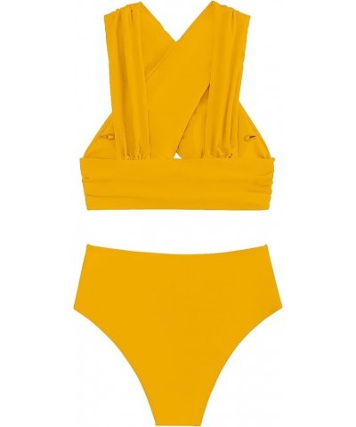 Criss Cross Cutout Bikini Ruched High Waisted Tummy Control Swimsuit Set 2 Piece Mustard Yellow $18.92 Swimsuits