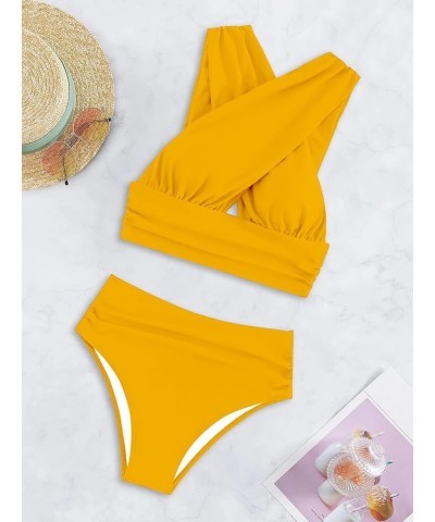 Criss Cross Cutout Bikini Ruched High Waisted Tummy Control Swimsuit Set 2 Piece Mustard Yellow $18.92 Swimsuits