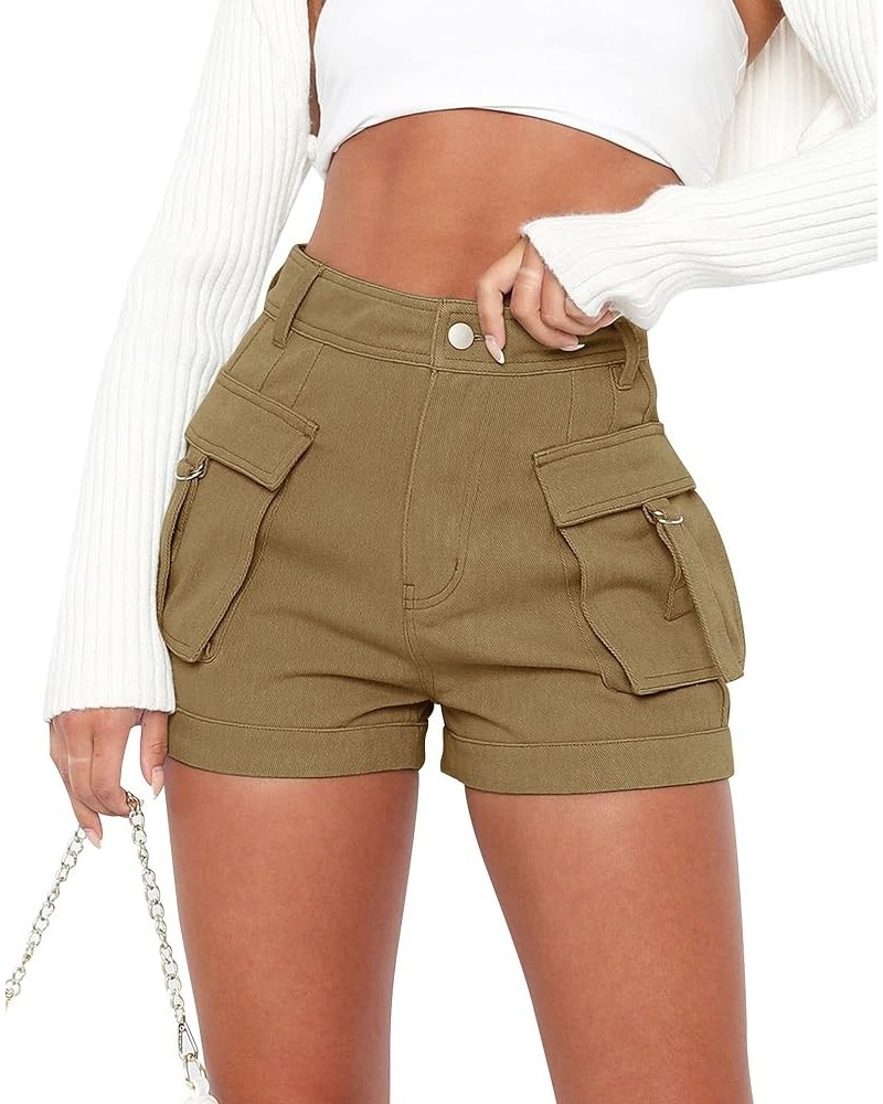 Womens Casual High Waist Cargo Shorts with Pockets Summer Short Hot Pants Brown $13.52 Shorts