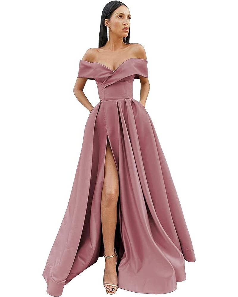 Women's Off Shoulder Prom Dresses Long Split Ruched Satin Formal Evening Dress with Pockets Dusty Rose $33.79 Dresses