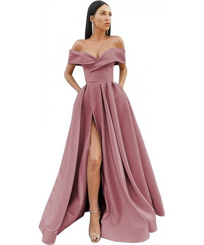 Women's Off Shoulder Prom Dresses Long Split Ruched Satin Formal Evening Dress with Pockets Dusty Rose $33.79 Dresses