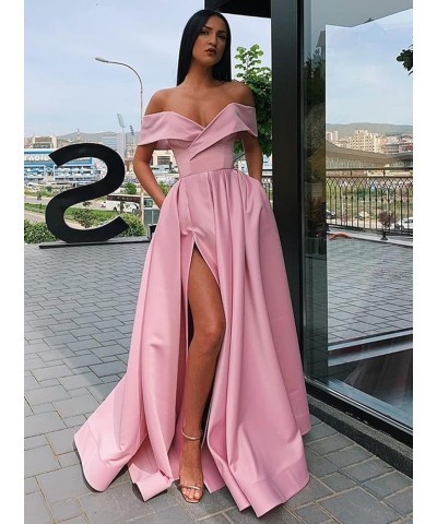 Women's Off Shoulder Prom Dresses Long Split Ruched Satin Formal Evening Dress with Pockets Dusty Rose $33.79 Dresses