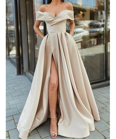 Women's Off Shoulder Prom Dresses Long Split Ruched Satin Formal Evening Dress with Pockets Dusty Rose $33.79 Dresses