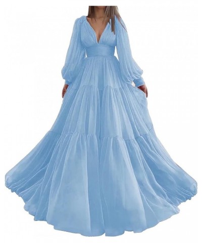 Long Puffy Sleeve Prom Dress Tulle Ball Gown for Women Wedding Dresses V Neck Formal Evening Gowns Sky Blue $37.80 Dresses