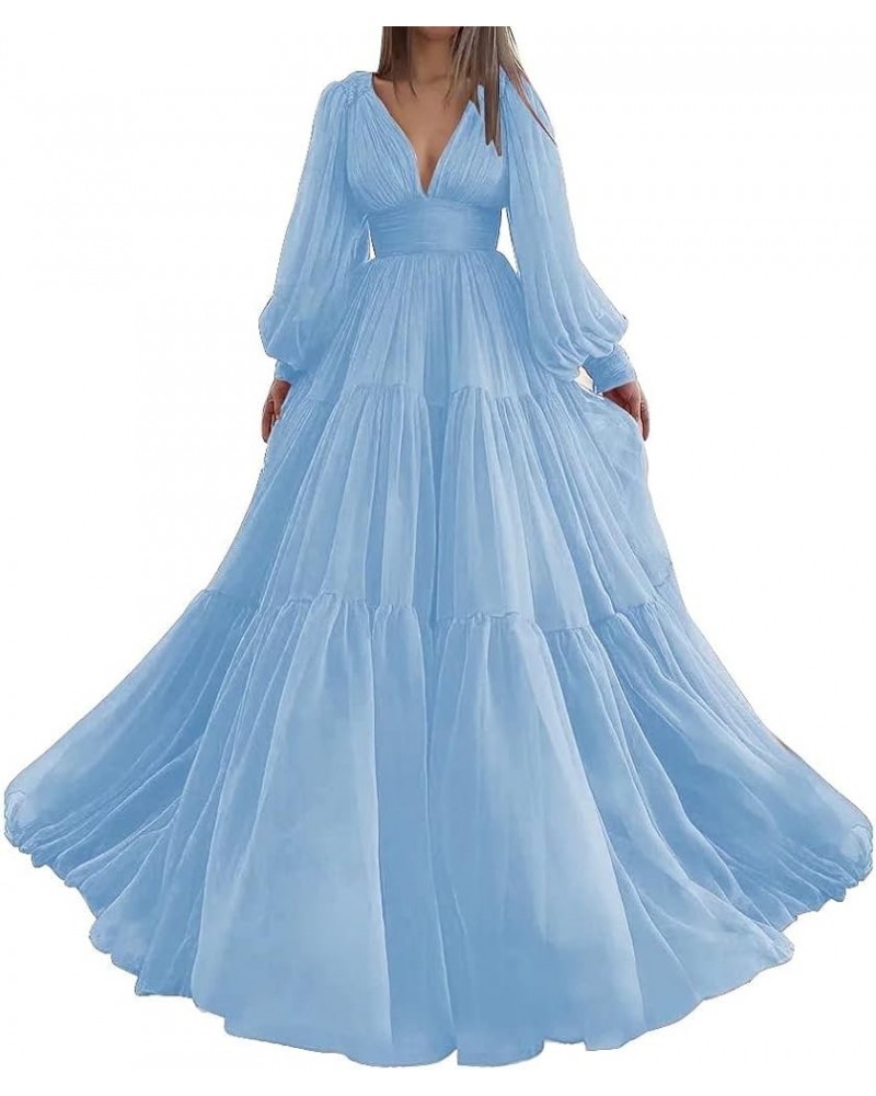 Long Puffy Sleeve Prom Dress Tulle Ball Gown for Women Wedding Dresses V Neck Formal Evening Gowns Sky Blue $37.80 Dresses