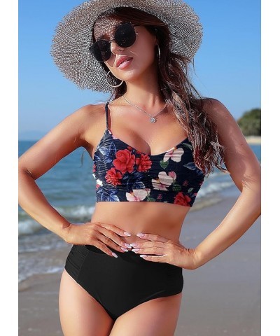 Women's Two Piece Swimsuits High Waist Retro Vintage Bikini Swimwear Ruched Tummy Control Bathing Suit Plus Size Pink Floral ...