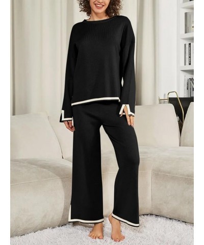 Women's Fall 2 Piece Outfit Sweater Set Long Sleeve Pullover Top Wide Leg Pants Lounge Sets Black $26.95 Activewear