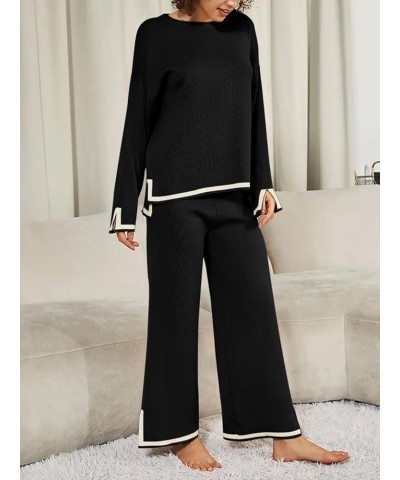 Women's Fall 2 Piece Outfit Sweater Set Long Sleeve Pullover Top Wide Leg Pants Lounge Sets Black $26.95 Activewear