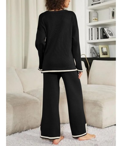 Women's Fall 2 Piece Outfit Sweater Set Long Sleeve Pullover Top Wide Leg Pants Lounge Sets Black $26.95 Activewear