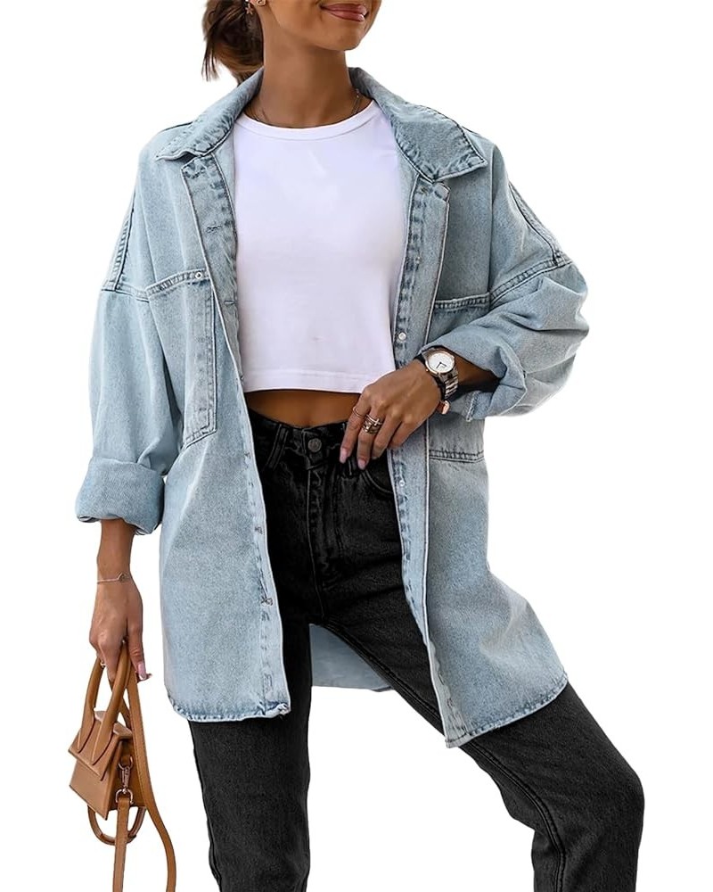 Women's Oversized Denim Jackets Casual Button Down Long Boyfriend Jean Coats with Pockets Blue $21.93 Jackets