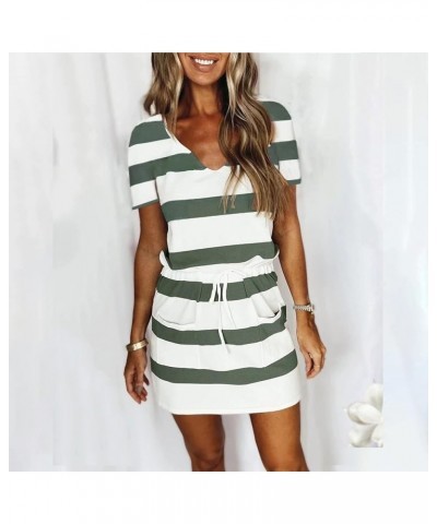 Womens 2023 Summer Striped Dress Casual V Neck Spaghetti Strap Mini Dresses Elastic Waist Belt Sundress with Pockets E02_gree...