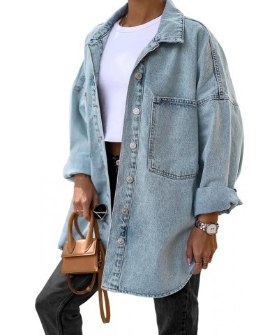 Women's Oversized Denim Jackets Casual Button Down Long Boyfriend Jean Coats with Pockets Blue $21.93 Jackets