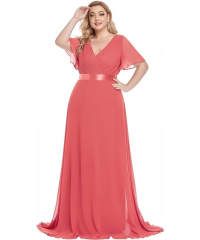 Womens One Shoulder Ruched Empire Waist Chiffon Maxi Plus Size Bridesmaid Dresses 09816-PZUSA Coral $35.69 Dresses