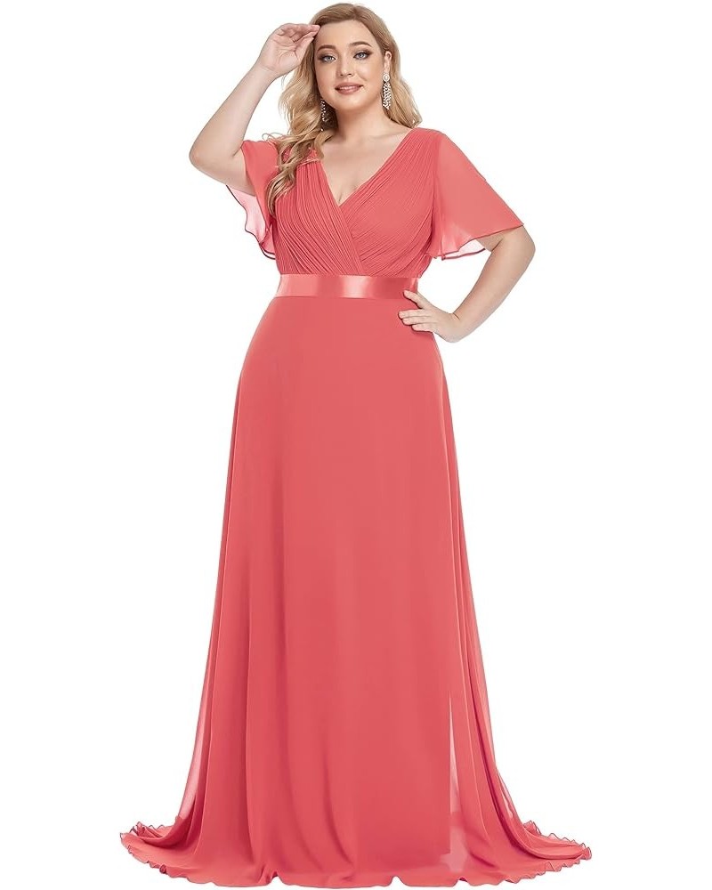 Womens One Shoulder Ruched Empire Waist Chiffon Maxi Plus Size Bridesmaid Dresses 09816-PZUSA Coral $35.69 Dresses