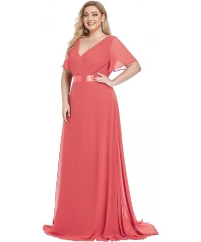 Womens One Shoulder Ruched Empire Waist Chiffon Maxi Plus Size Bridesmaid Dresses 09816-PZUSA Coral $35.69 Dresses