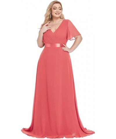 Womens One Shoulder Ruched Empire Waist Chiffon Maxi Plus Size Bridesmaid Dresses 09816-PZUSA Coral $35.69 Dresses