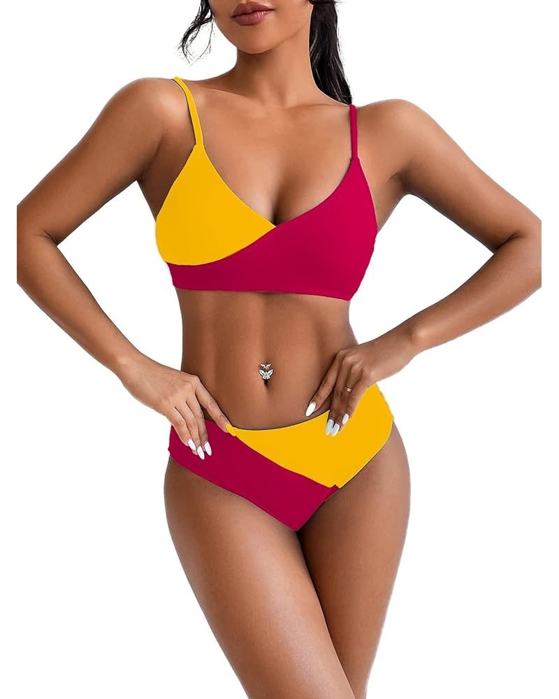 Women's Solid Spaghetti Strap Bralette Bikini Set Two Piece Swimsuit Dragon Fruit Color $15.60 Swimsuits