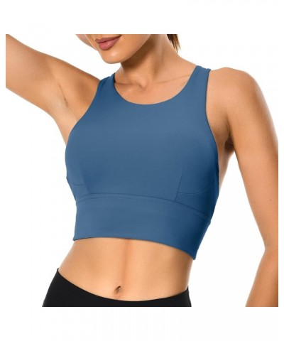 Women's Racerback Sports Bra Tank Top - Longline Crop with Medium Support and Padding Moonlight Blue $17.39 Tanks