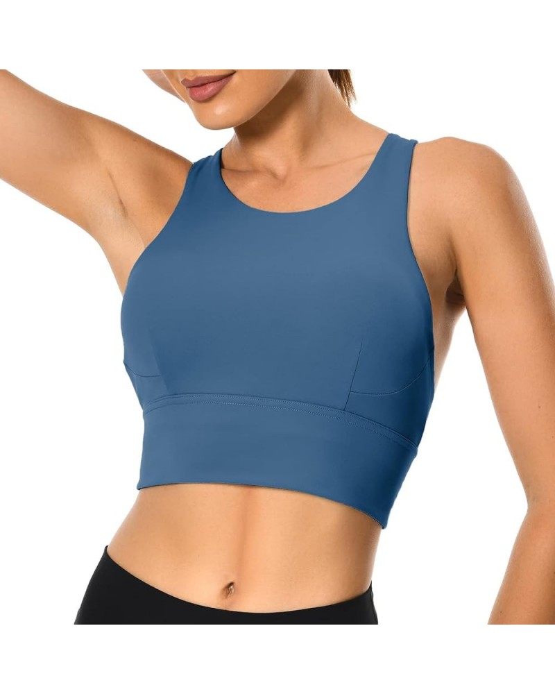 Women's Racerback Sports Bra Tank Top - Longline Crop with Medium Support and Padding Moonlight Blue $17.39 Tanks