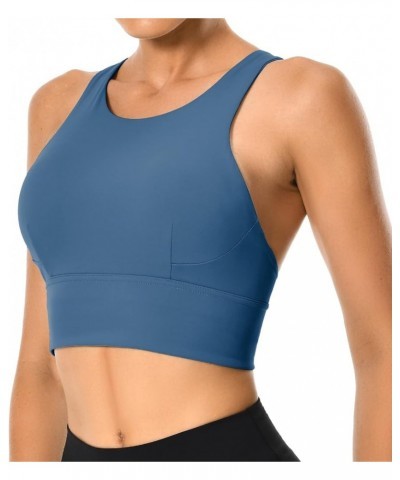 Women's Racerback Sports Bra Tank Top - Longline Crop with Medium Support and Padding Moonlight Blue $17.39 Tanks