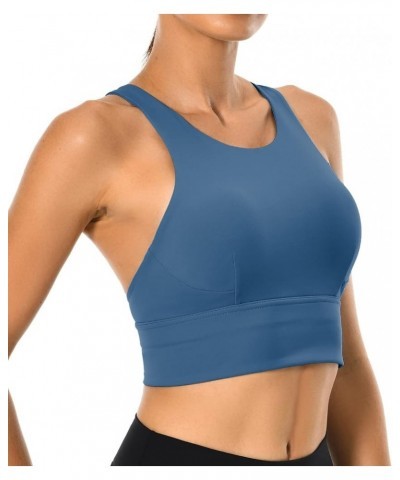 Women's Racerback Sports Bra Tank Top - Longline Crop with Medium Support and Padding Moonlight Blue $17.39 Tanks