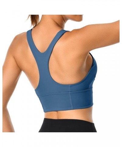 Women's Racerback Sports Bra Tank Top - Longline Crop with Medium Support and Padding Moonlight Blue $17.39 Tanks