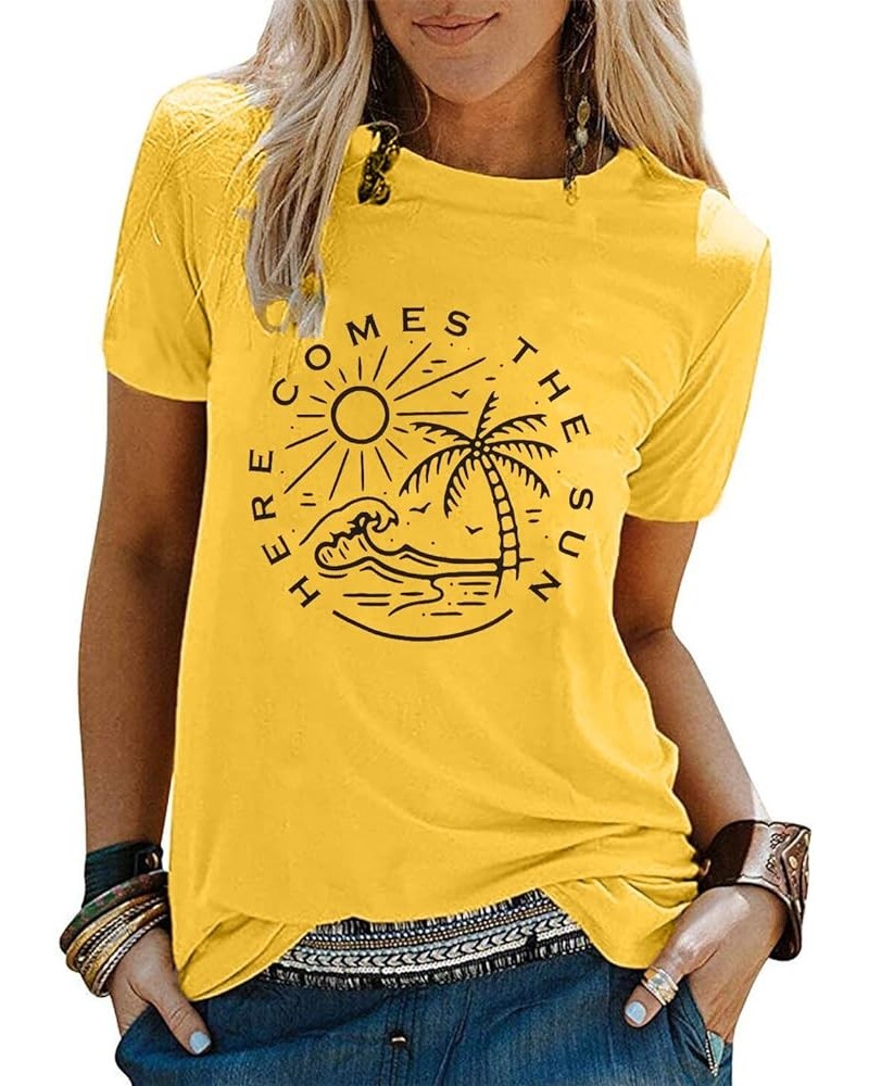 Here Comes The Sun Shirt Women Sunshine Graphic Tee Summer Vacation Tops Funny Beach Shirt Yellow $14.49 T-Shirts