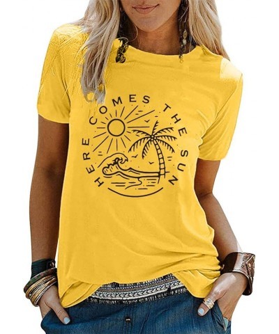 Here Comes The Sun Shirt Women Sunshine Graphic Tee Summer Vacation Tops Funny Beach Shirt Yellow $14.49 T-Shirts