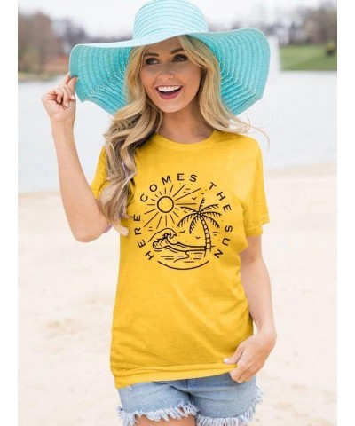 Here Comes The Sun Shirt Women Sunshine Graphic Tee Summer Vacation Tops Funny Beach Shirt Yellow $14.49 T-Shirts