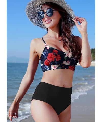 Women's Two Piece Swimsuits High Waist Retro Vintage Bikini Swimwear Ruched Tummy Control Bathing Suit Plus Size Pink Floral ...