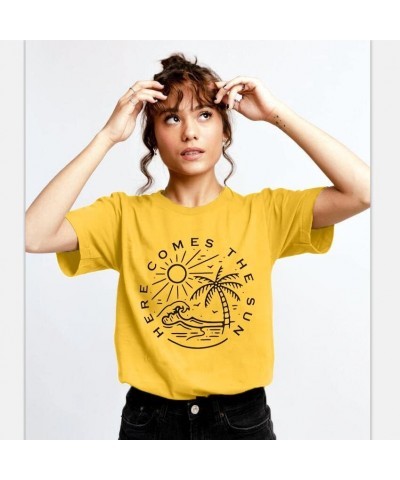 Here Comes The Sun Shirt Women Sunshine Graphic Tee Summer Vacation Tops Funny Beach Shirt Yellow $14.49 T-Shirts