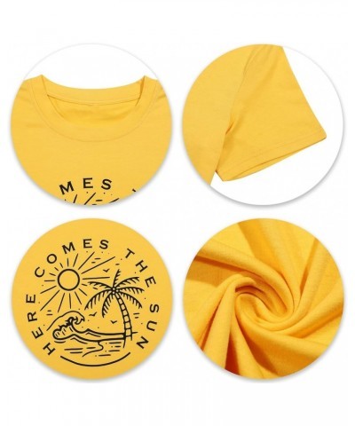 Here Comes The Sun Shirt Women Sunshine Graphic Tee Summer Vacation Tops Funny Beach Shirt Yellow $14.49 T-Shirts