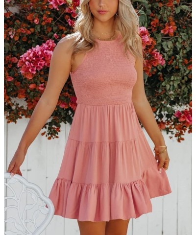 Womens Smocked Mini Dress Casual Summer Sleeveless Crew Neck Flowy Ruffle Tiered A-Line Dresses Sundress Dust Peach $22.04 Dr...