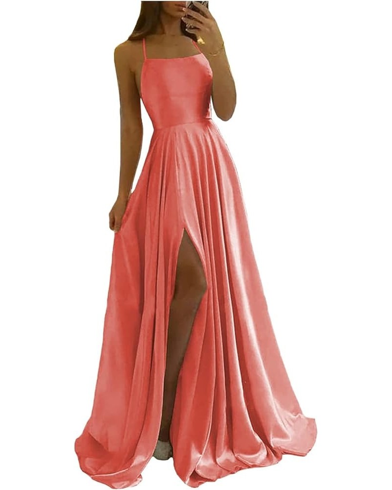 Long Bridesmaid Dresses for Women Satin Ball Gown High Slit Spaghetti Straps Formal Dress with Pockets Coral $24.30 Dresses