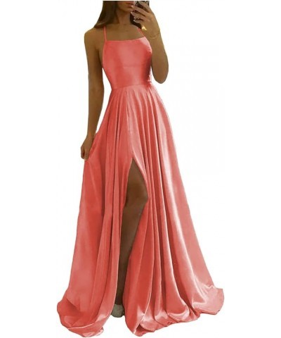 Long Bridesmaid Dresses for Women Satin Ball Gown High Slit Spaghetti Straps Formal Dress with Pockets Coral $24.30 Dresses